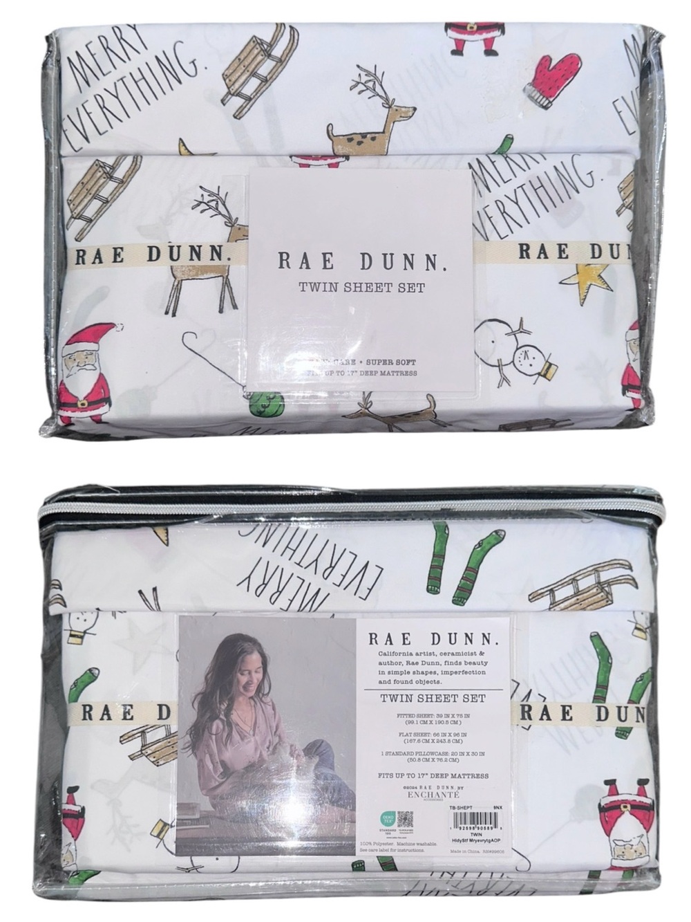 Rae Dunn Merry Everything Christmas Santa Reindeer Twin Sheet Sheets Set NEW NWT